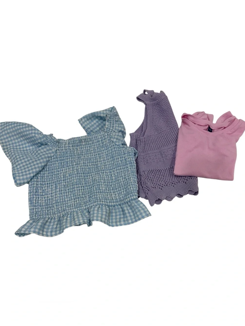 Old Navy girls bundle of 3 Tops Blue Gingham, Pink Ruffle,Purple Knit size 10-12